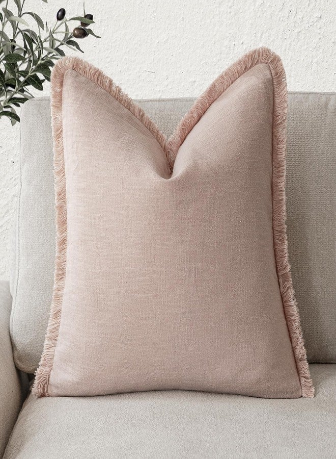 Foindtower Decorative Linen Fringe Throw Pillow Covers Cozy Boho Farmhouse Cushion Cover with Tassels Soft Accent Pillowcase for Chair Sofa Bed Living Room Home Decor, 20×20 Inch, 1PC,Light Pink - Image 1